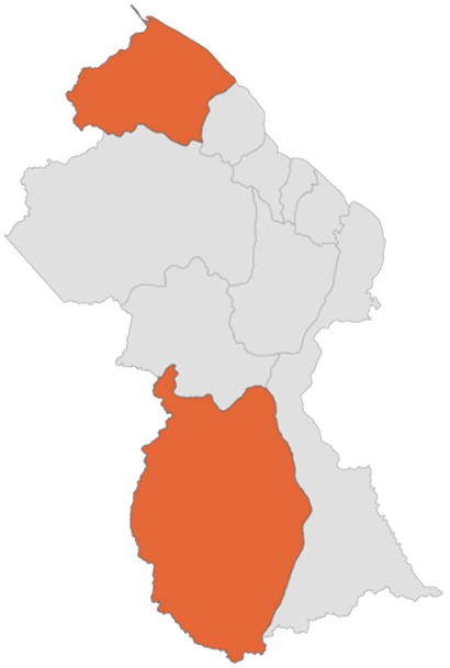 Map of Guyana showing pilot regions 1 and 9 highlighted in orange